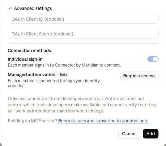 Lower half of Claude's custom connector dialog with empty OAuth fields, Individual sign-in enabled, and the Add button