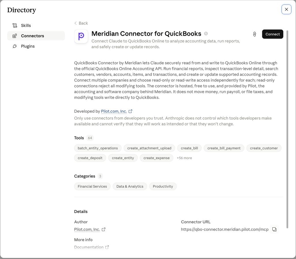 Claude's directory listing for Meridian Connector for QuickBooks with the Connect button