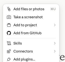 Claude's add menu with Connectors listed